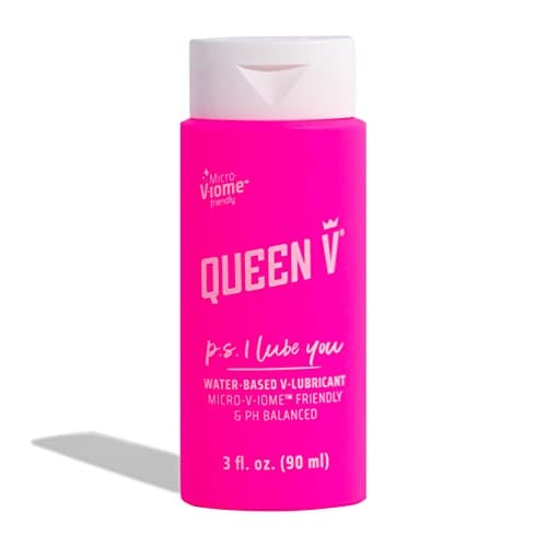 A pink bottle of water with the words " queen v p s i l u e you " on it.