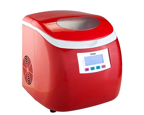 A red ice maker with the lid open.