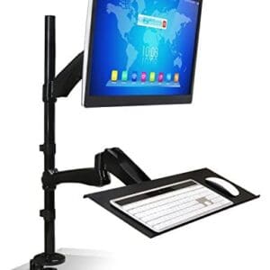 Mount-It! MI-7921 Sit-Stand Desk Mount Workstation, Height Adjustable Standing Desk, Ergonomic, Monitor, Laptop, and Keyboard Mount, 22, 23, 24, 27 Inch Monitors, Gas Spring Arm, C Clamp Base, Black