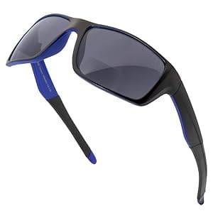 A pair of sunglasses with blue frames and black lenses.