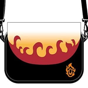 A black and red bag with flames on it