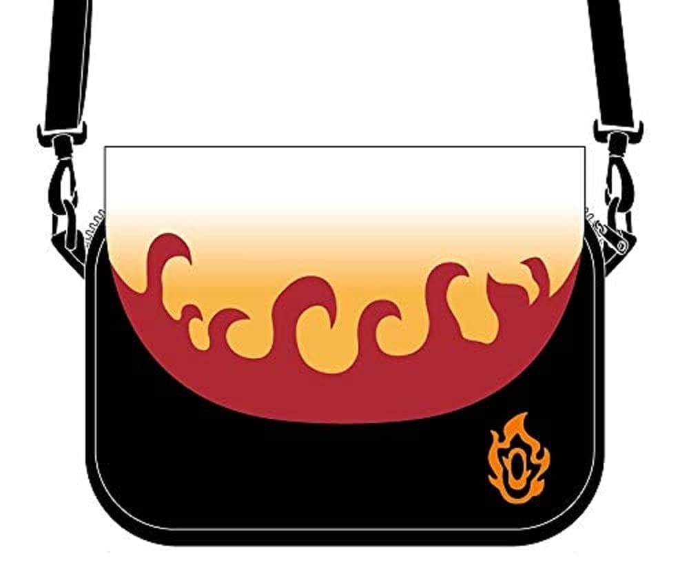 A black and red bag with flames on it