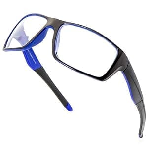 A pair of glasses with blue frames and black rims.