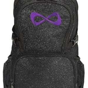 Sparkle Backpack by Nfinity | Girls Glitter Bookbag | Perfect Bag for Travel, School, Gym, & Cheer Practices | 15” Laptop Compartment | Black with Purple Logo