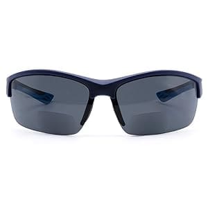 A pair of sunglasses with a black frame and a gray lens.