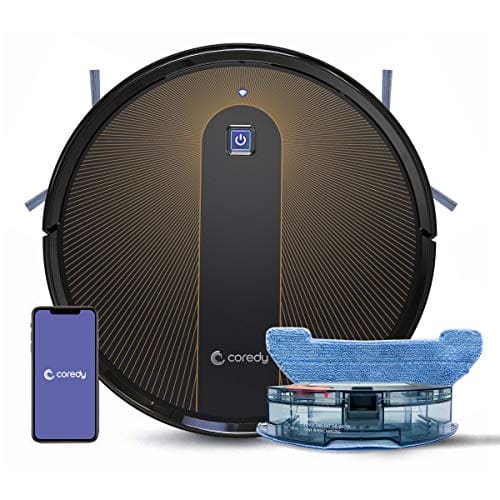 A black and brown robot vacuum next to a blue cleaning kit.