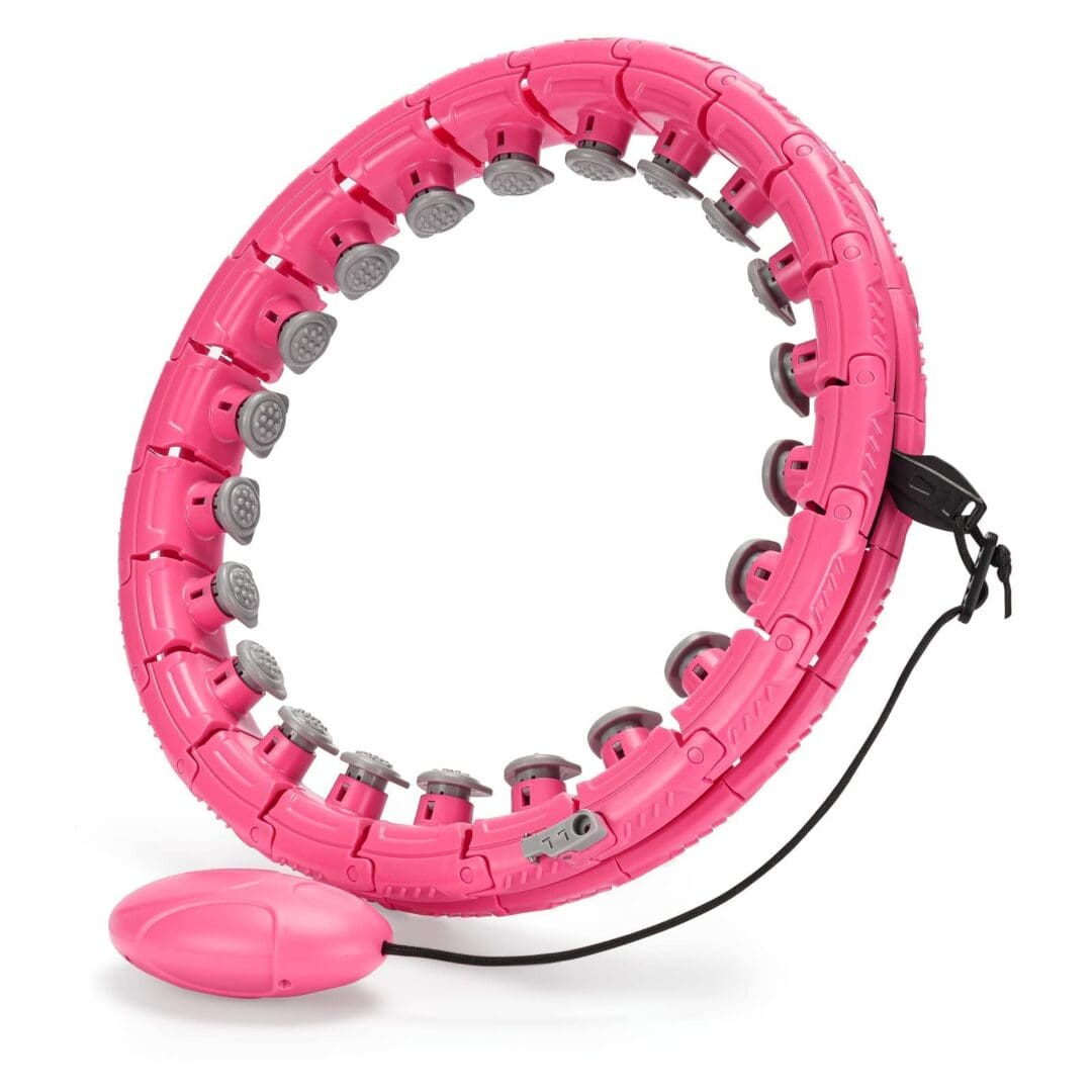 A pink hula hoop with a black handle and a button.