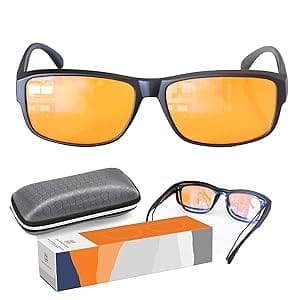 A pair of orange glasses and a box