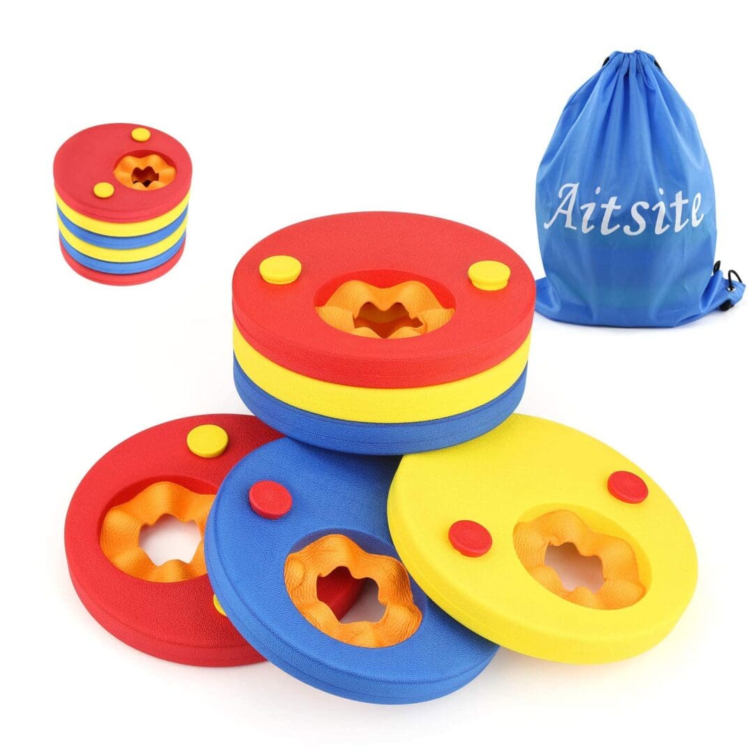 A bag of blue, yellow and red frisbees.