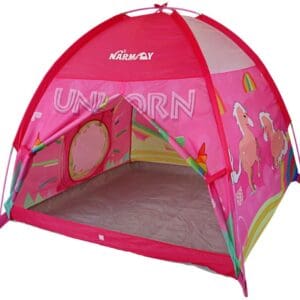 A pink tent with a unicorn design on it.