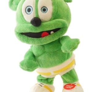 A green stuffed animal with white shoes and yellow pants.