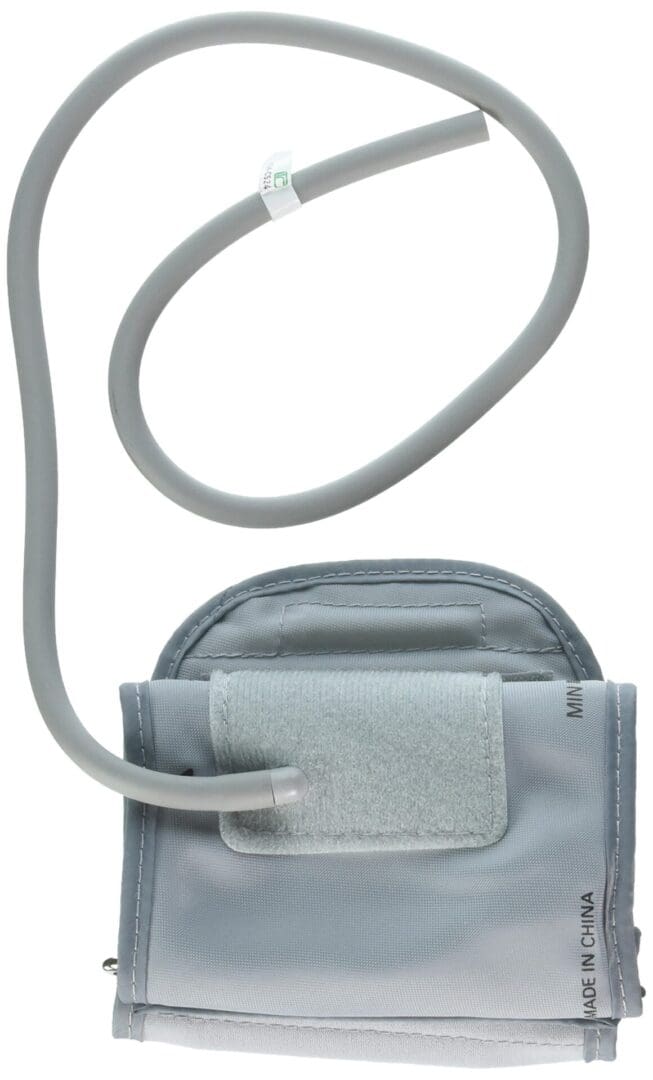 A gray bag with a strap attached to it.