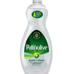A bottle of palmolive dish soap with the label pure and clear.