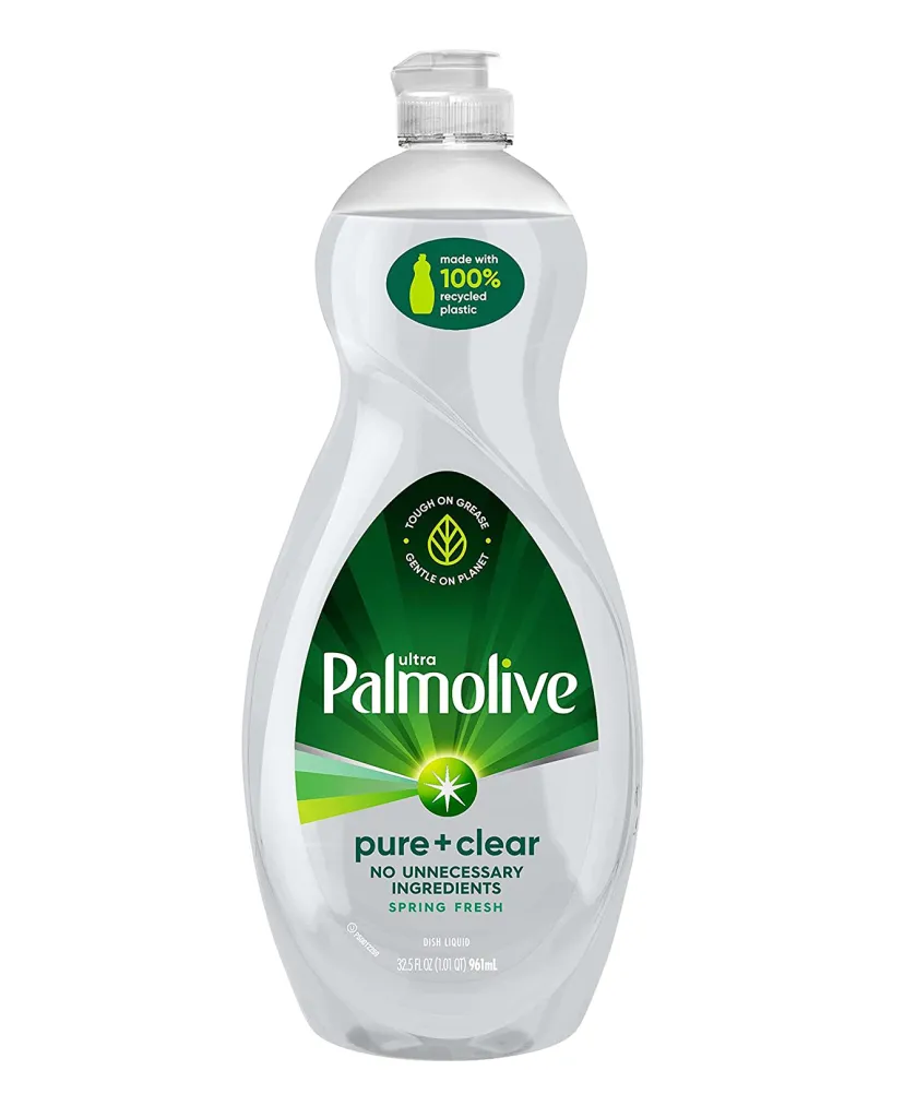 A bottle of palmolive dish soap with the label pure and clear.